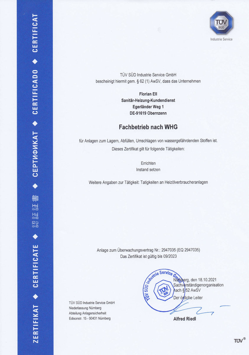Zertifikat von Florian Ell Sanitär - Heizung - Kundendienst
