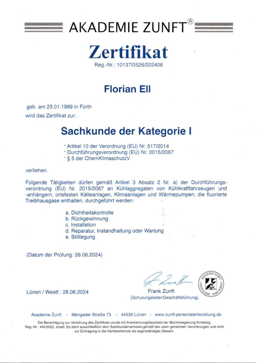Zertifikat von Florian Ell Sanitär - Heizung – Kundendienst