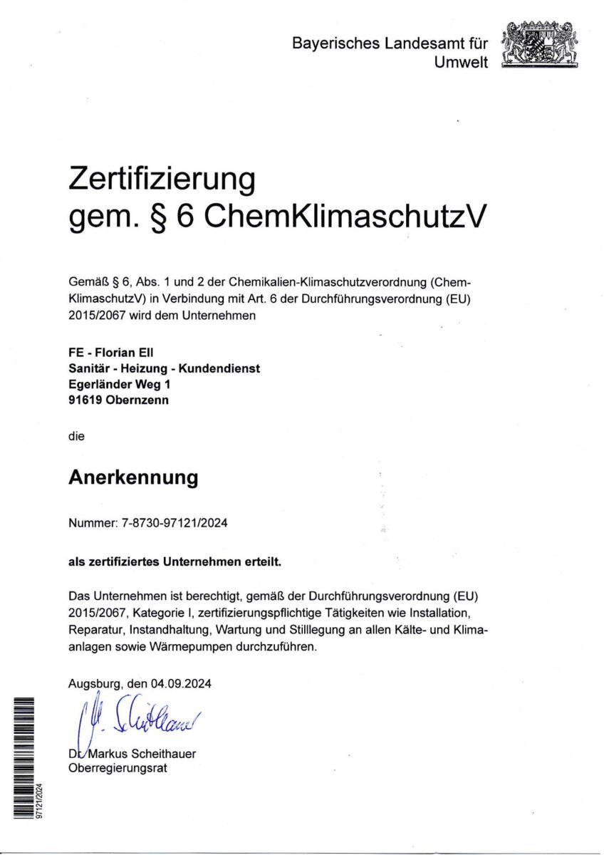 Zertifikat von Florian Ell Sanitär - Heizung – Kundendienst
